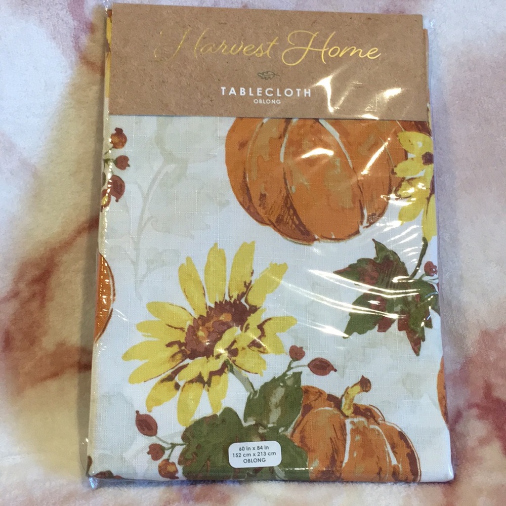 Fall Harvest Pumpkin Sunflower Floral Oblong Table Cloth NWT 60” X 84” Polyester